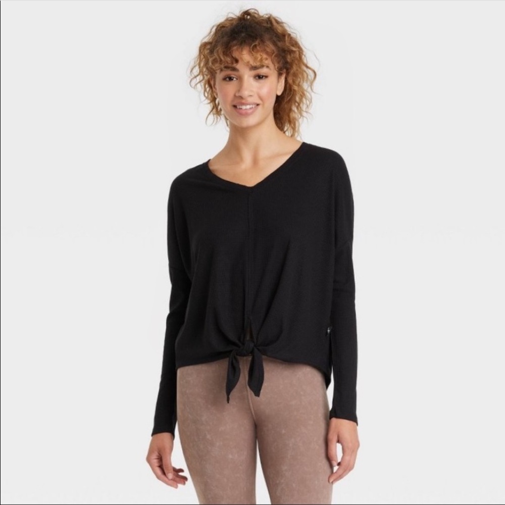 Women’s JoyLab Black Waffle Knit Tie Front Long Sleeve Top Size Small